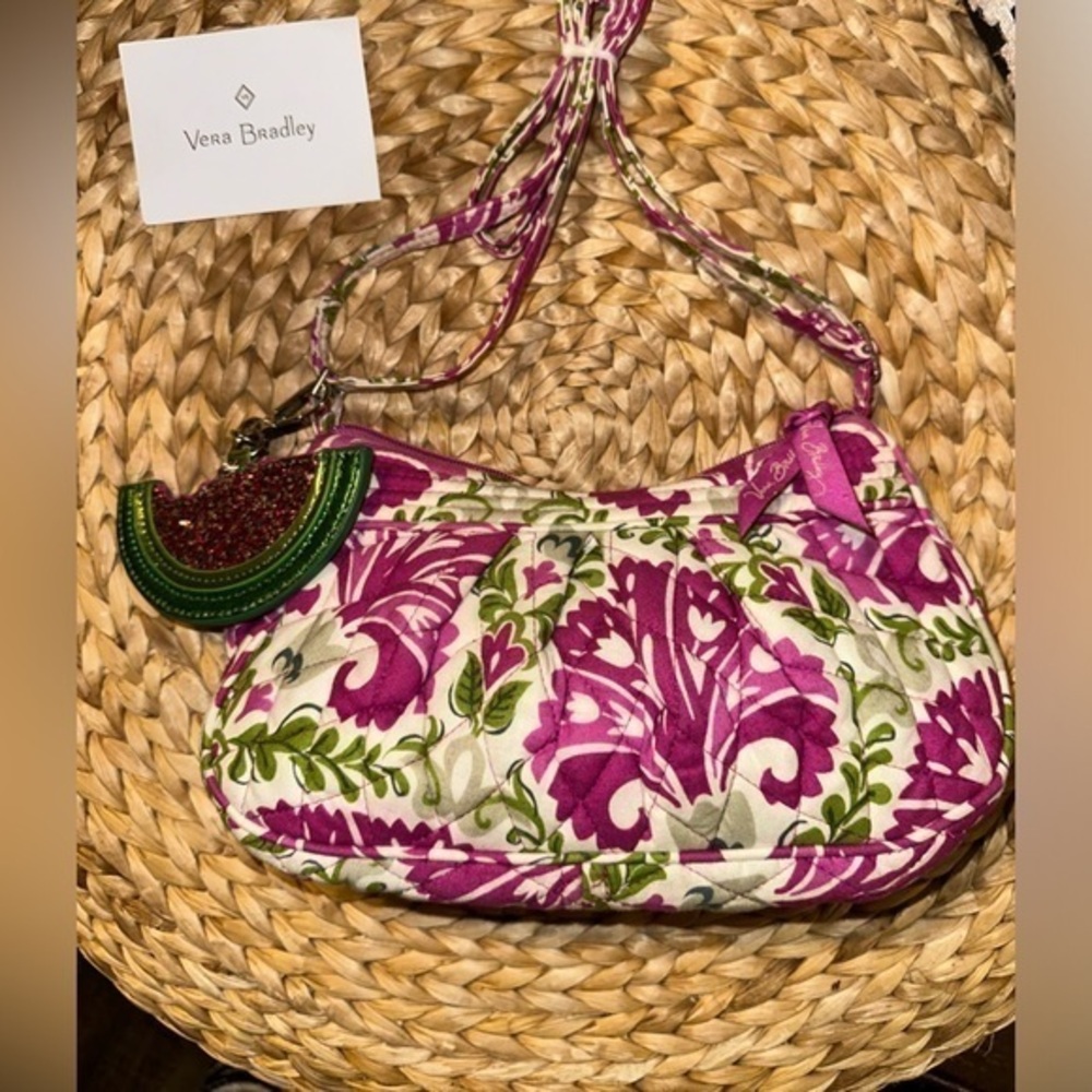 UEC Vera Bradley Small Purse Magenta Flowers Green Leaves Adjustable Strap